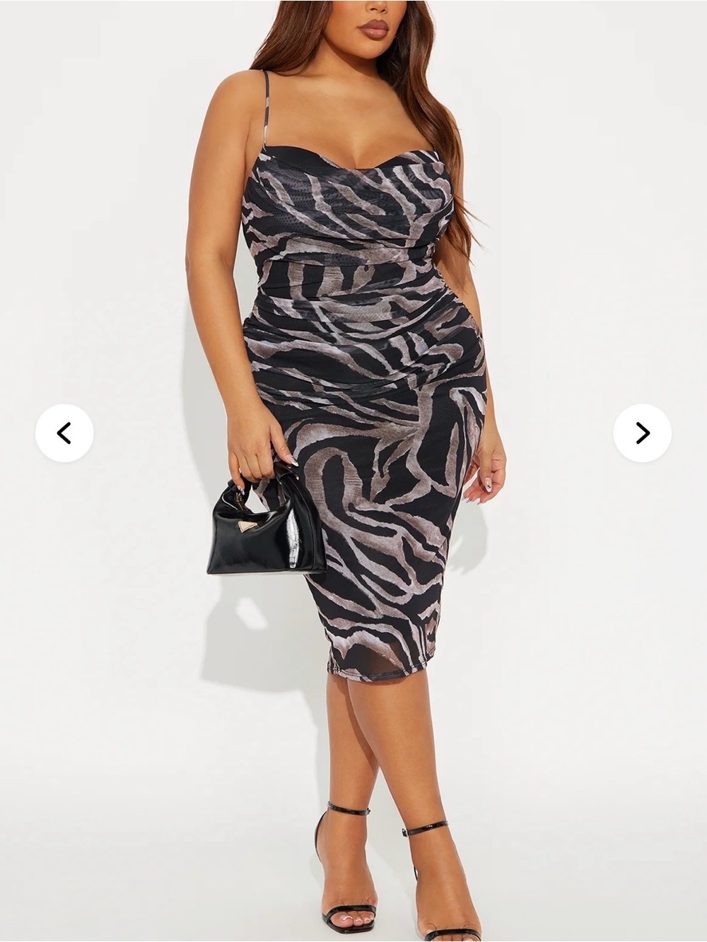 Fashion Nova Black and Taupe Zebra Cowl Midi Dress